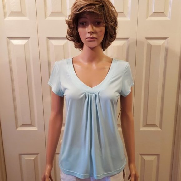 NOTATIONS LIGHT AQUA SHORT SLEEVE V-NECK WITH GATHERS FLARED TUNIC SIZE S NWT - Picture 1 of 8